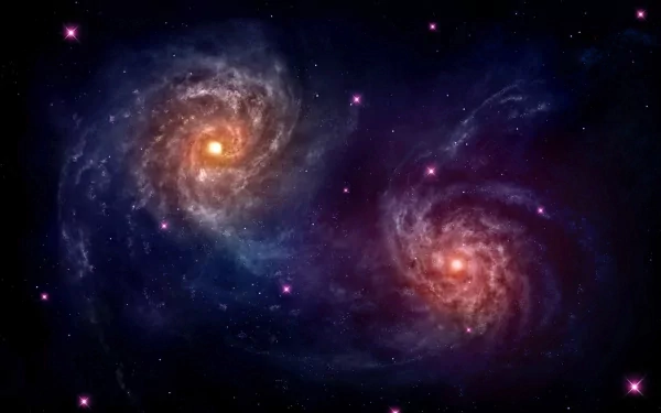 A stunning sci-fi HD wallpaper featuring a vibrant galaxy with two spiraling galaxies illuminated by bright stars against a dark cosmic background.