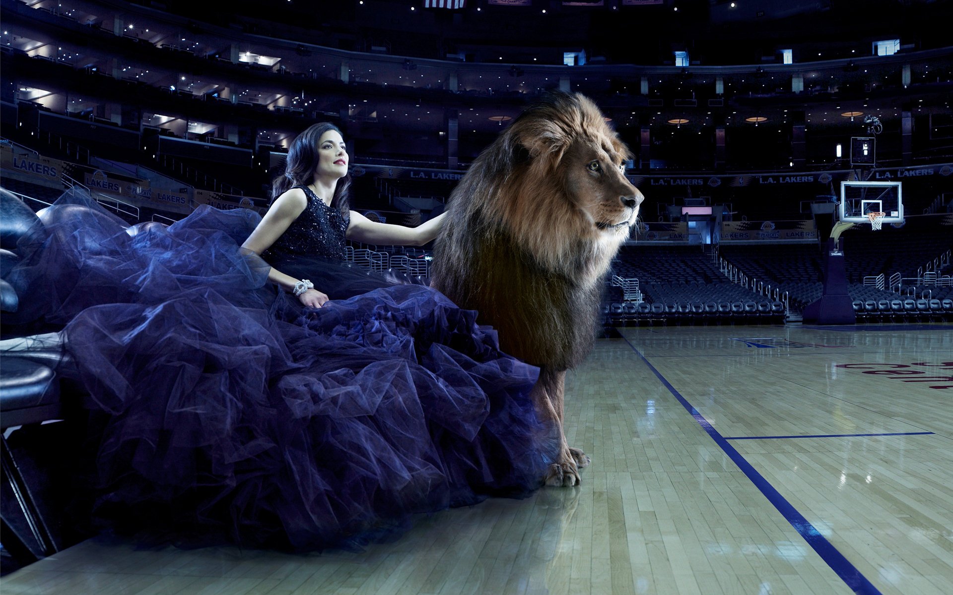A pretty woman in a flowing dark gown sits confidently beside a majestic lion on a basketball court, captured in stunning HD for a dynamic PC desktop wallpaper.