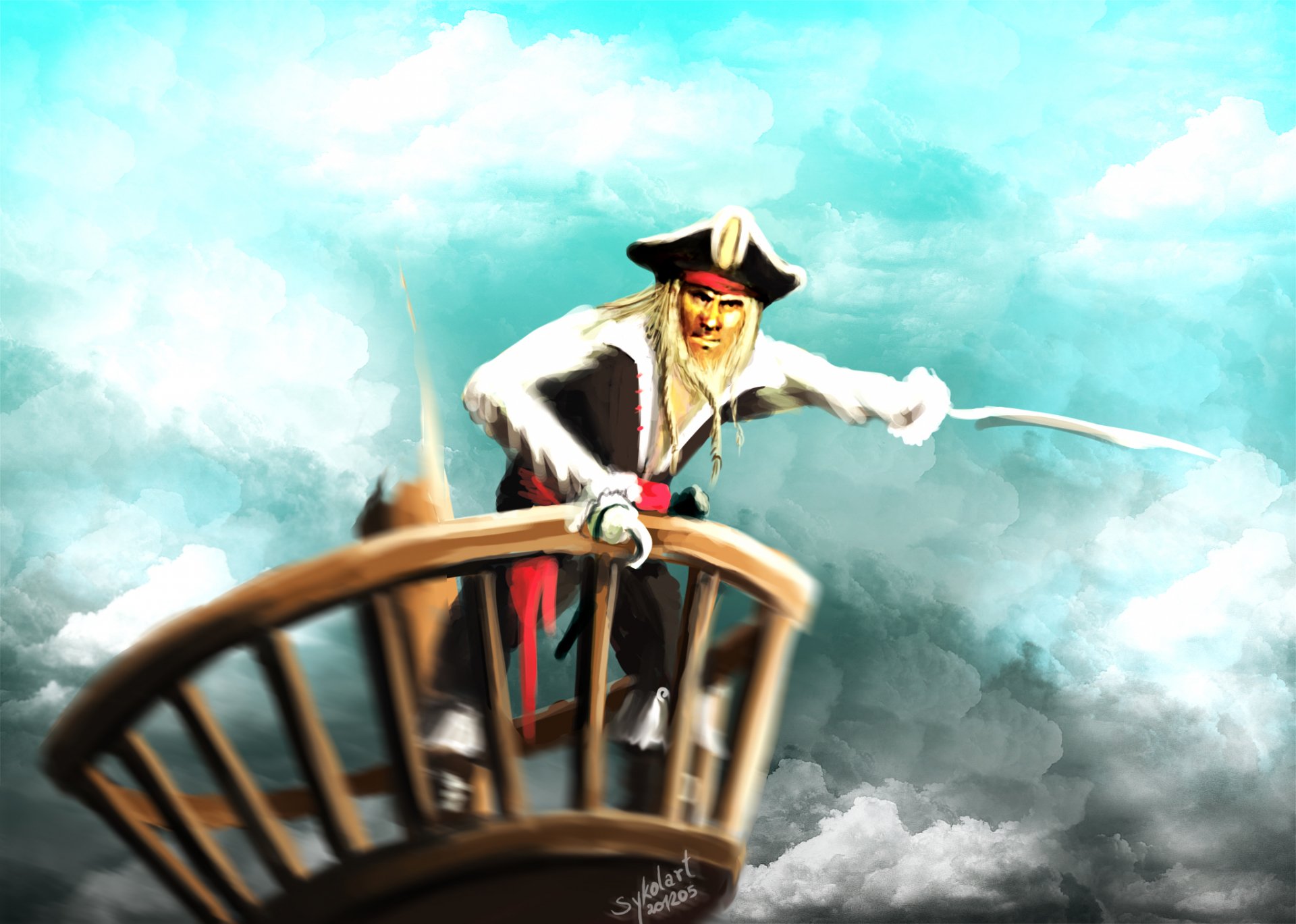 HD fantasy pirate battle scene wallpaper featuring a fierce pirate wielding a sword atop a ship's crow's nest against a dramatic cloudy sky.