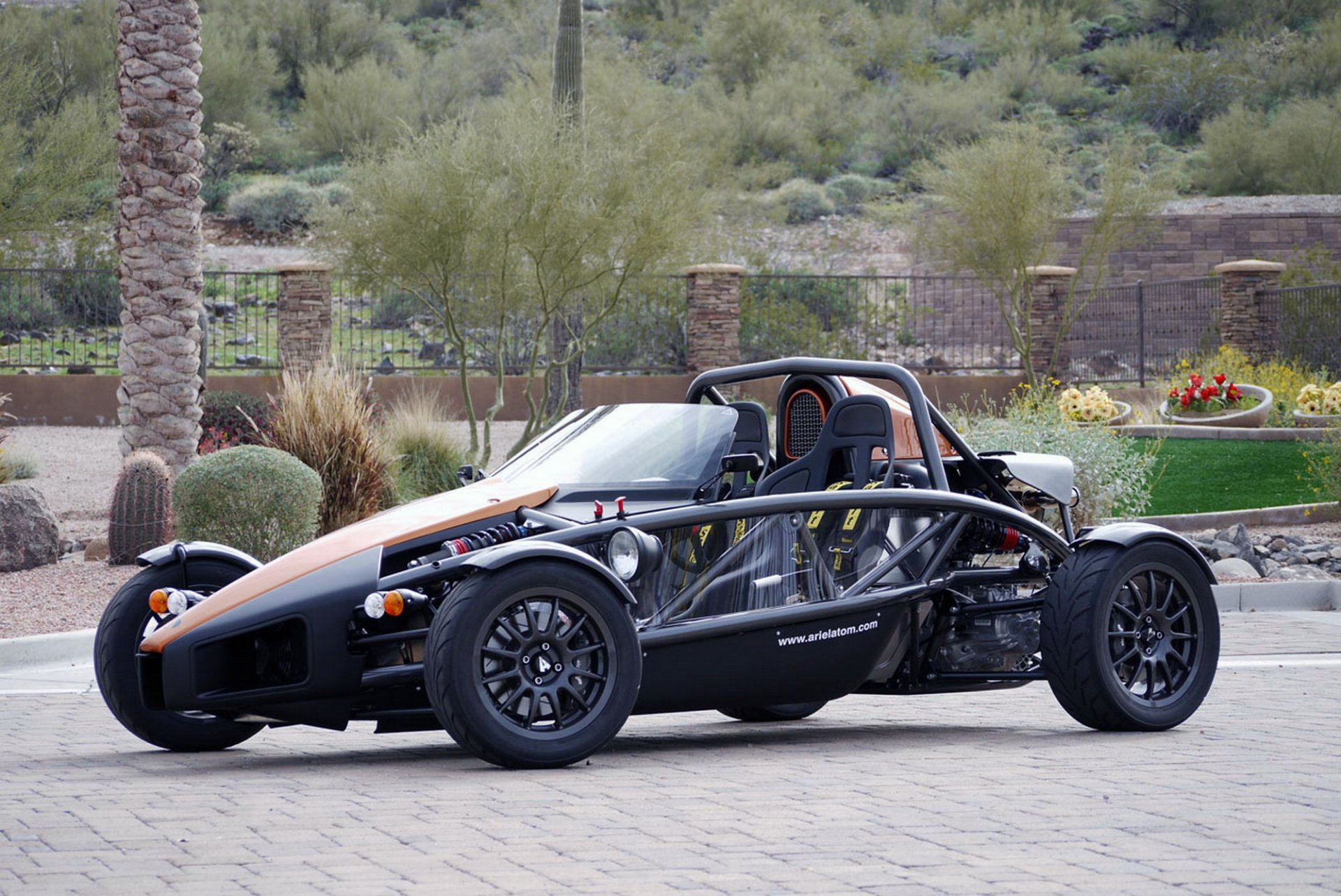 HD PC desktop wallpaper featuring an Ariel Atom open-frame vehicle parked on a desert street with cacti and palm trees in the background.