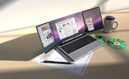 HD PC desktop wallpaper showcasing an Apple Inc. laptop with expanded multi-screen display, a coffee mug, CDs, and design sketches on a light wood surface.