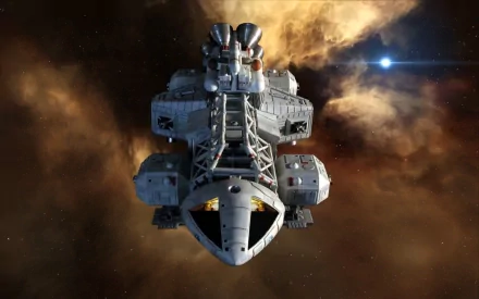 A sleek spaceship navigates through a colorful nebula in this HD wallpaper inspired by the sci-fi TV show Space: 1999, showcasing a blend of adventure and cosmic beauty.