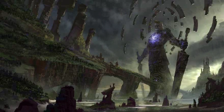 HD fantasy wallpaper depicting a towering, armored warrior with a glowing chest emblem, holding large weapons, set against a dramatic, rocky landscape with a mystical atmosphere.