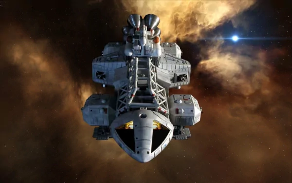 A sleek spaceship navigates through a colorful nebula in this HD wallpaper inspired by the sci-fi TV show Space: 1999, showcasing a blend of adventure and cosmic beauty.