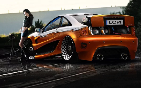 A sleek, orange sports car with a custom design stands on a reflective surface, accompanied by a stylish figure, embodying the high-octane energy of *Need For Speed* in this HD wallpaper.