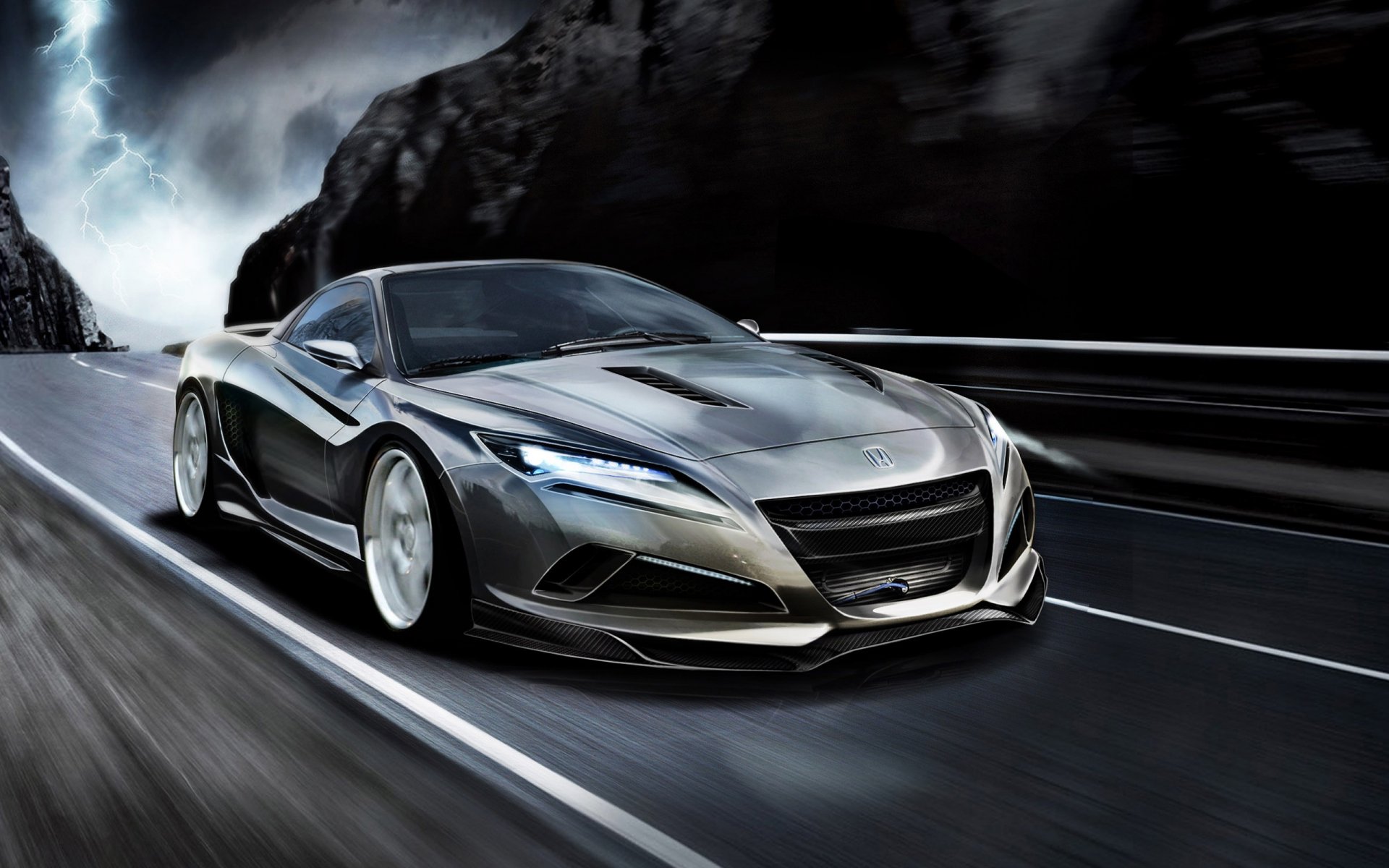2K Quad HD PC desktop wallpaper of a sleek metallic Honda sports car racing along a coastal highway under stormy clouds, with strong motion blur and dramatic lighting.