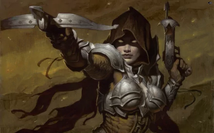 A fierce Demon Hunter from Diablo III, clad in armor, wields dual weapons with determination. This HD wallpaper captures the warrior's readiness for battle in the dark fantasy world of the game.