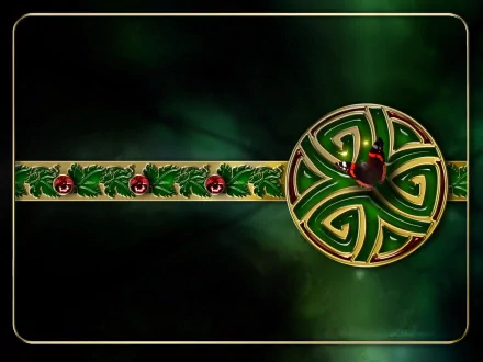 HD PC desktop wallpaper featuring a circular Celtic knot design in green and gold with holly and red berries on a dark, blurred background.
