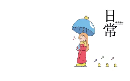 HD PC desktop wallpaper featuring Hakase from Nichijō anime, holding a blue umbrella with a small bird on top, accompanied by musical notes and the Nichijō logo.