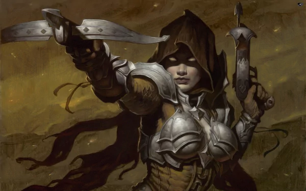 A fierce Demon Hunter from Diablo III, clad in armor, wields dual weapons with determination. This HD wallpaper captures the warrior's readiness for battle in the dark fantasy world of the game.