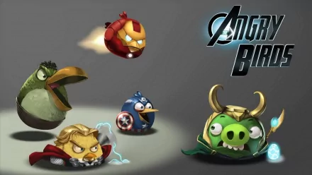 HD wallpaper featuring characters from Angry Birds in a dynamic scene, showcasing unique designs and vibrant colors inspired by popular superhero themes.