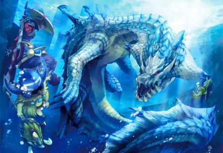 A stunning HD wallpaper featuring Lagiacrus, a powerful water creature from the Monster Hunter video game series, swimming through an underwater realm alongside a hunter.