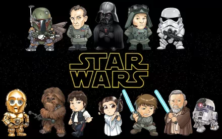 HD desktop wallpaper featuring chibi versions of Star Wars characters including Luke Skywalker, Obi-Wan Kenobi, R2-D2, Princess Leia, Han Solo, Chewbacca, C-3PO, Darth Vader, Boba Fett, and a Stormtrooper.