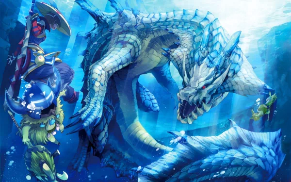 A stunning HD wallpaper featuring Lagiacrus, a powerful water creature from the Monster Hunter video game series, swimming through an underwater realm alongside a hunter.