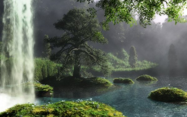 Fantasy Landscape Tree Waterfall River HD Wallpaper | Background Image