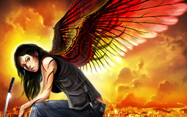 A striking fantasy scene featuring an angel warrior with vibrant red wings, set against a dramatic sunset backdrop, creating an intense and captivating HD wallpaper.