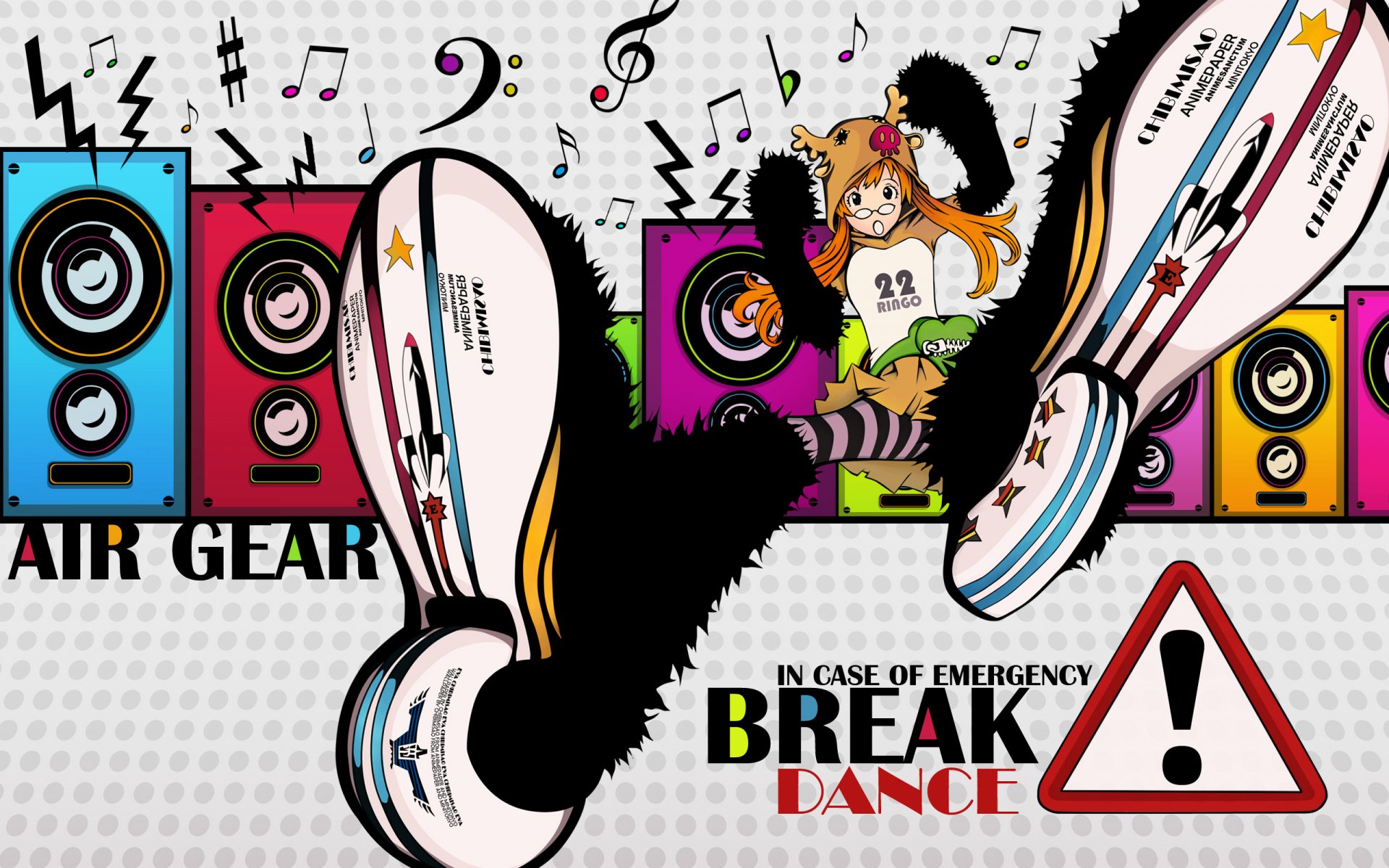Anime Air Gear HD desktop wallpaper featuring a dynamic character in rollerblades with colorful speakers and musical notes in the background, highlighting dance and break elements.