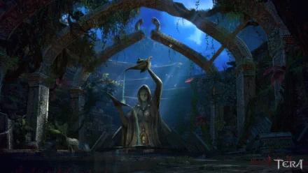 HD PC desktop wallpaper featuring a mystical statue surrounded by ancient ruins, inspired by the video game Tera’s fantasy world.