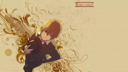 HD PC desktop wallpaper featuring Firo Prochainezo from the anime Baccano!, set against a beige background with ornate swirling designs.
