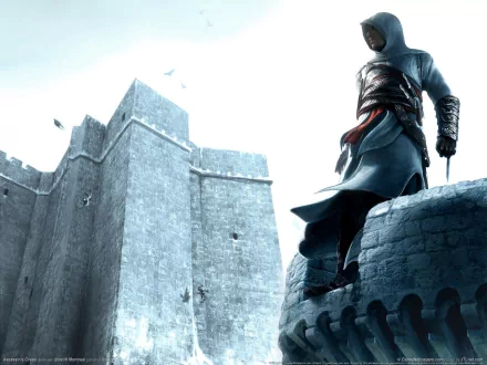 HD PC desktop wallpaper featuring a hooded Assassin's Creed character perched on a stone fortress wall against a bright sky.