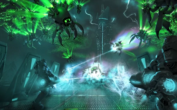 Movie Wreck-It Ralph HD PC desktop wallpaper and background: neon-green cy-bug swarm attacks a futuristic tower as heroes fire energy beams in dramatic sci-fi action.