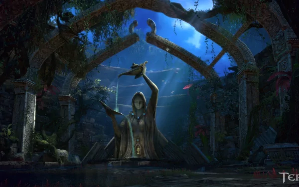 HD PC desktop wallpaper featuring a mystical statue surrounded by ancient ruins, inspired by the video game Tera’s fantasy world.