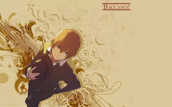 HD PC desktop wallpaper featuring Firo Prochainezo from the anime Baccano!, set against a beige background with ornate swirling designs.