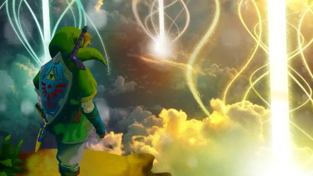 HD PC desktop wallpaper featuring Link from The Legend of Zelda: Skyward Sword, standing on a cliff overlooking a glowing, magical sky.
