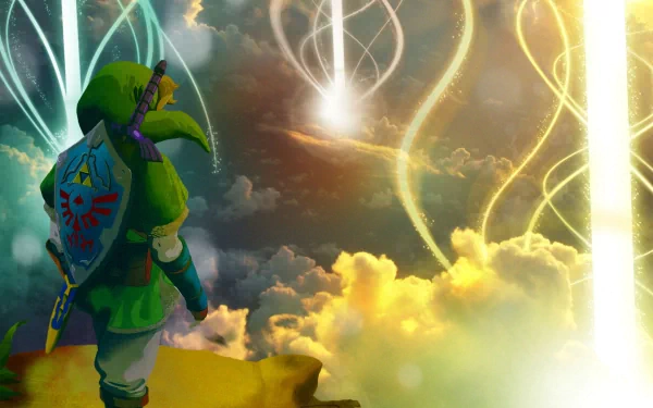 HD PC desktop wallpaper featuring Link from The Legend of Zelda: Skyward Sword, standing on a cliff overlooking a glowing, magical sky.