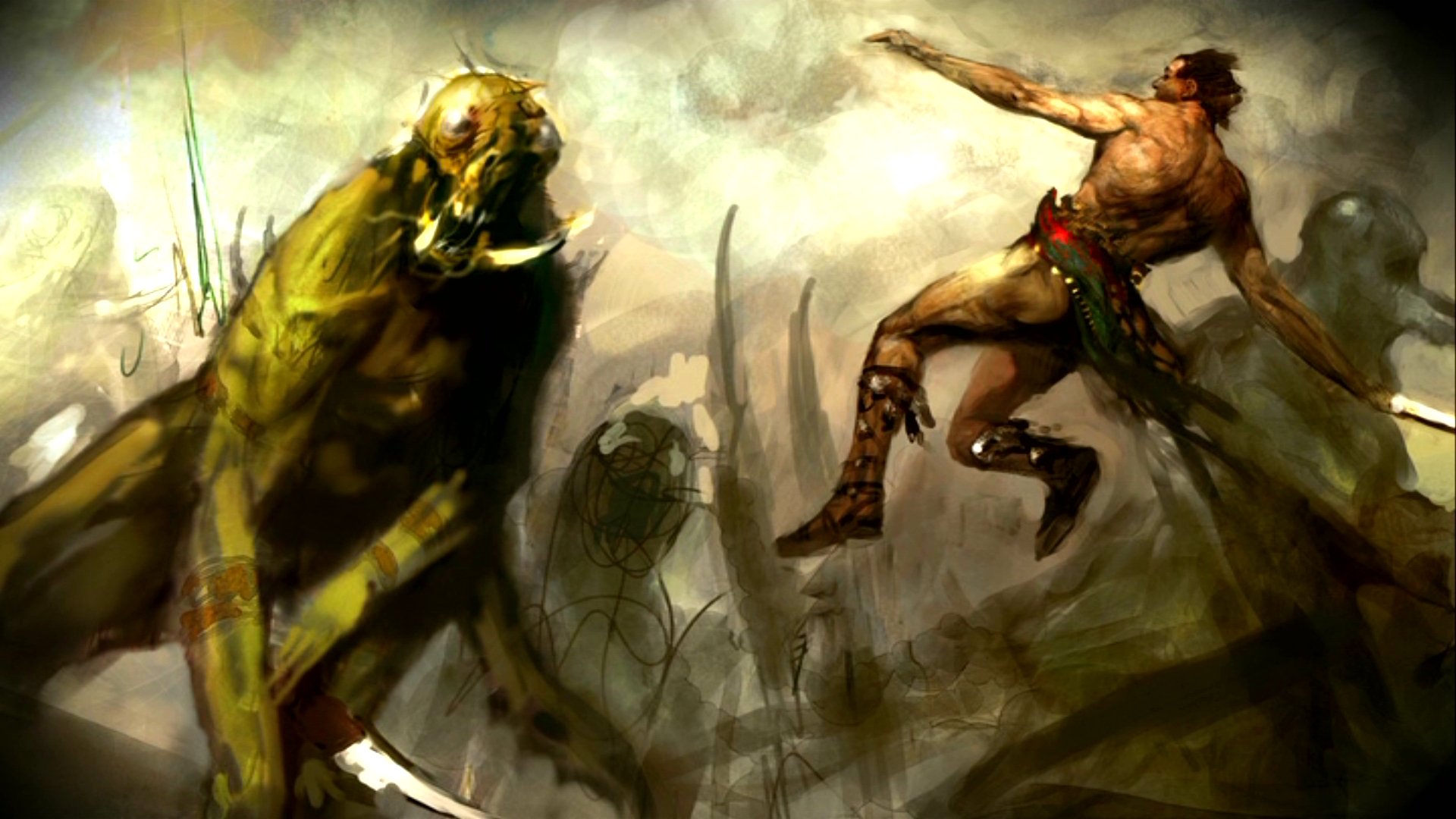 HD desktop wallpaper featuring a dynamic battle scene from the movie John Carter, showcasing intense action between a warrior and a fierce creature.