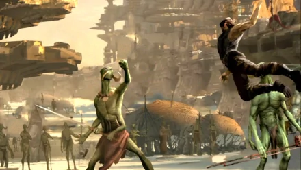 HD PC desktop wallpaper featuring an action scene from the movie John Carter with characters in combat amid a desert-like, ancient cityscape.