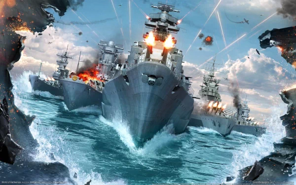 A dramatic HD desktop wallpaper depicting intense naval combat in the video game World of Warships, featuring powerful warships engaging in battle amidst explosions and gunfire.