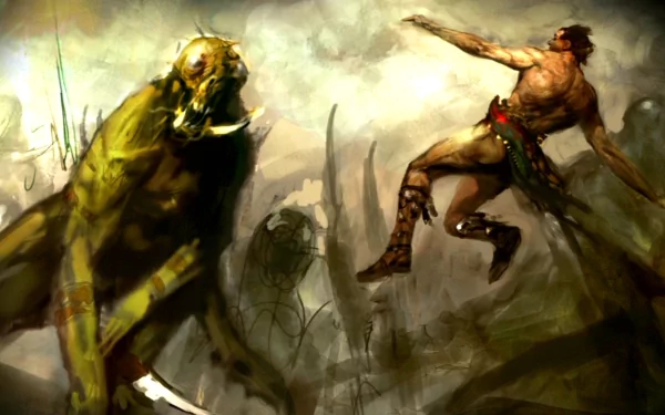 HD desktop wallpaper featuring a dynamic battle scene from the movie John Carter, showcasing intense action between a warrior and a fierce creature.