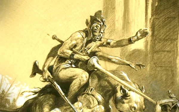 HD PC desktop wallpaper featuring an action scene from the movie John Carter, depicting a warrior riding a large creature with a sword drawn.