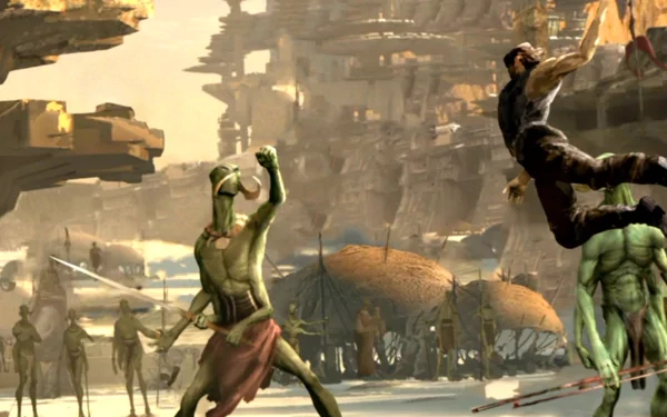HD PC desktop wallpaper featuring an action scene from the movie John Carter with characters in combat amid a desert-like, ancient cityscape.