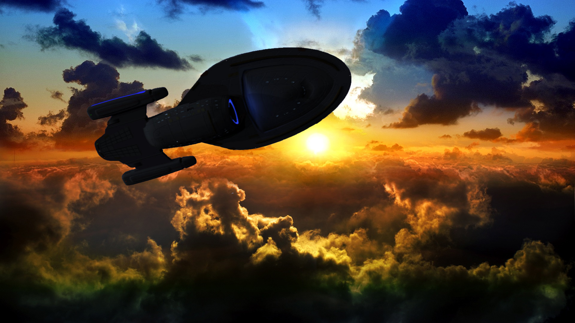 Voyager-style starship silhouette over a planet's cloudscape at sunrise — Sci‑Fi Star Trek HD PC desktop wallpaper.