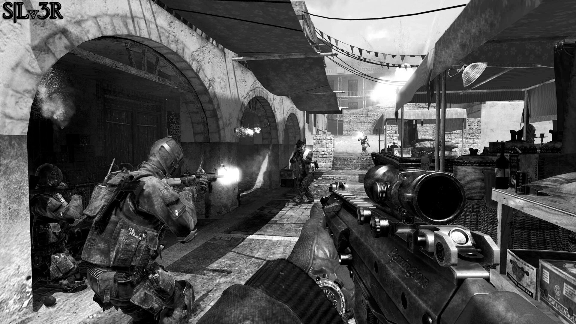 HD PC desktop wallpaper: Call of Duty 4: Modern Warfare war scene — video game ambush in a market, first-person view with a scoped rifle and teammates firing.