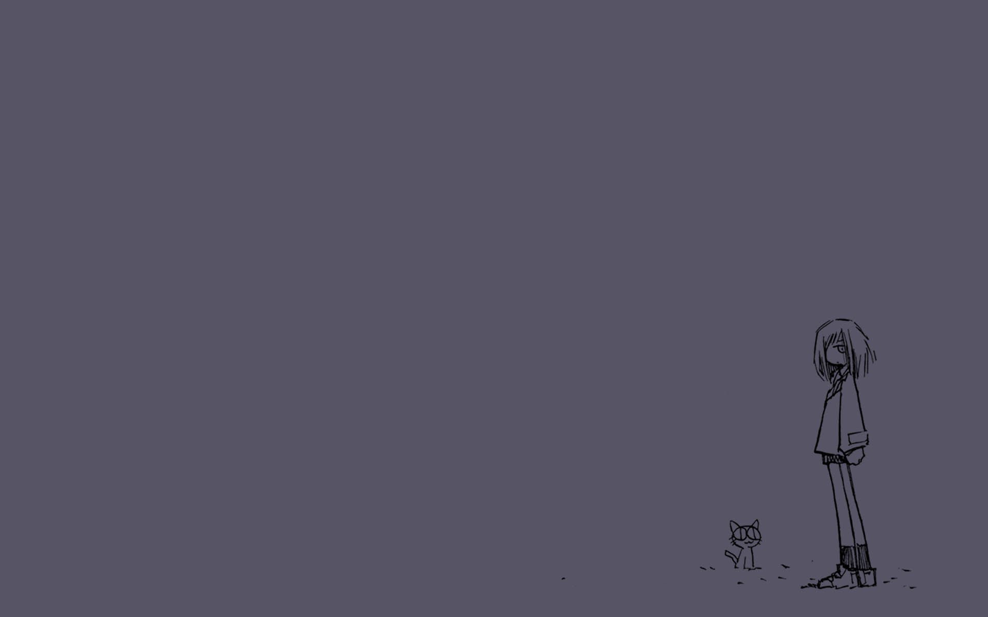 HD PC desktop wallpaper featuring minimalist FLCL anime art with a solitary character and a small creature on a muted gray background.