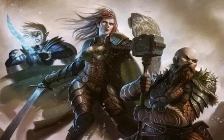 HD fantasy warrior desktop wallpaper depicting three armored warriors ready for battle, featuring a woman with a sword, a bearded man with a hammer, and a shadowy figure with blue energy.