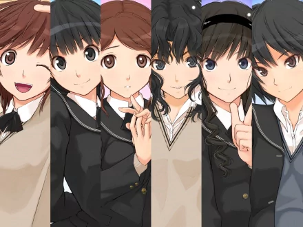 Anime Amagami HD PC desktop wallpaper/background: six schoolgirls in uniforms close together, smiling and posing with playful hand gestures.