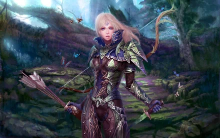 HD desktop wallpaper of a fantasy archer woman warrior in detailed armor, standing in a lush, mystical forest backdrop with a bow and arrows.