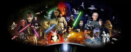 HD PC desktop wallpaper: a vibrant Star Wars movie collage of heroes, villains, starships and glowing lightsabers against a cosmic backdrop.