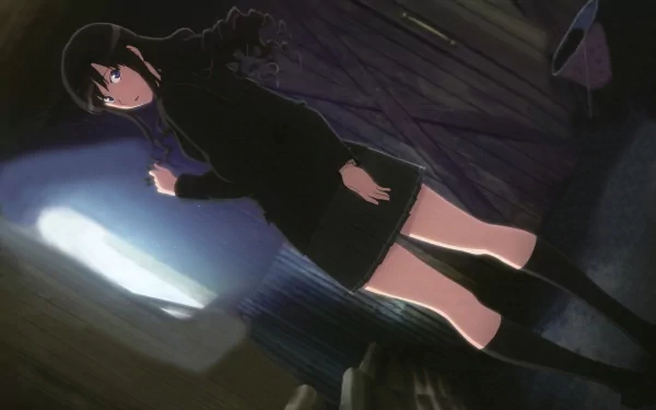 Anime (Amagami) 2K Quad HD PC desktop wallpaper/background: schoolgirl in a dark corridor, standing in a shaft of light, wearing a black uniform.