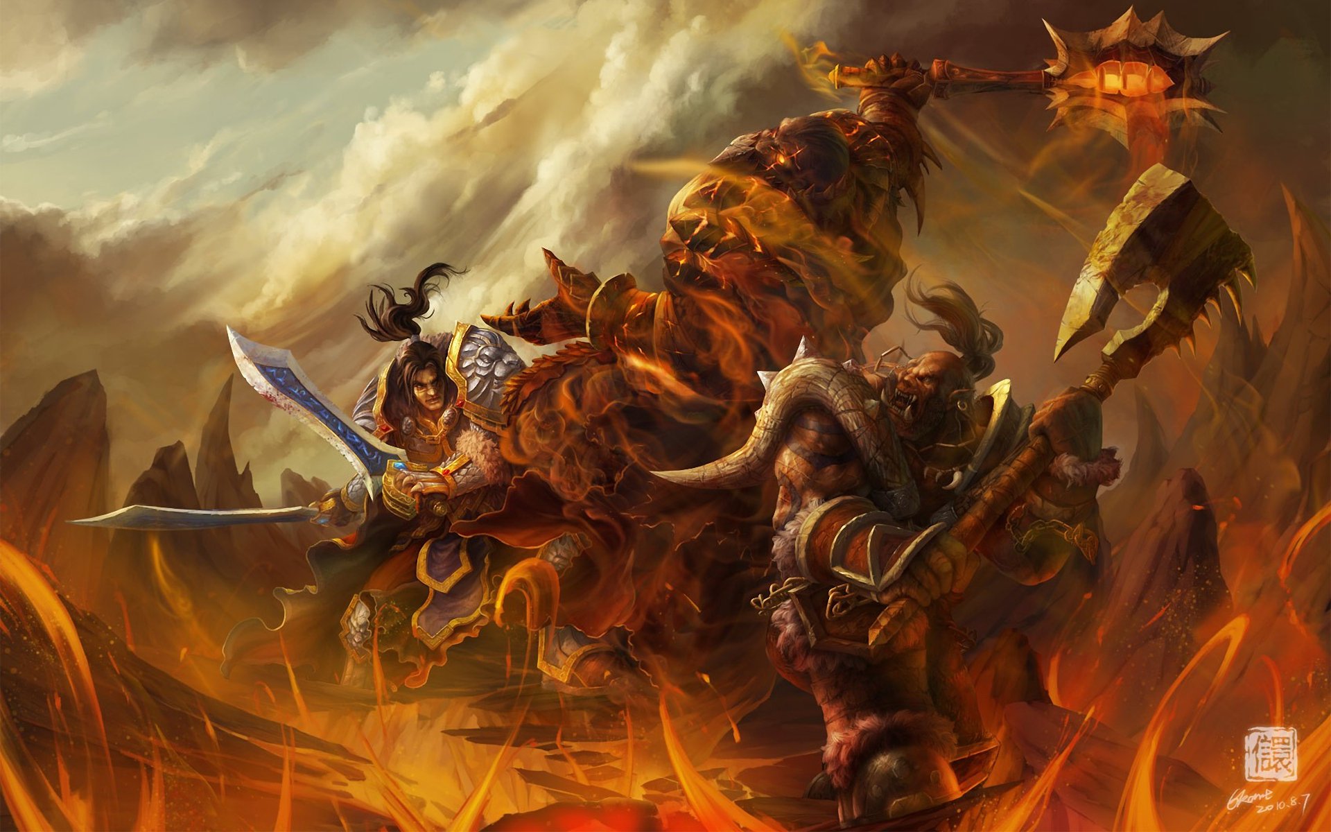 HD World of Warcraft desktop wallpaper depicting fierce warriors and a fiery battle scene from the video game.