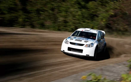 HD PC desktop wallpaper/background: white Suzuki rally vehicle kicking up dust as it drifts along a forested dirt track.