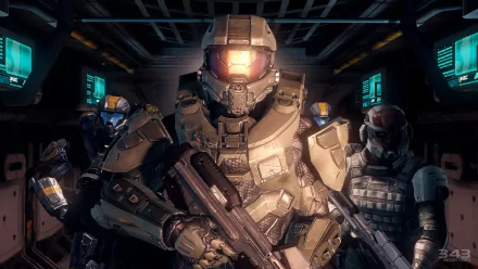 HD desktop wallpaper featuring Master Chief and fellow soldiers from the sci-fi video game Halo 4. The characters are equipped with futuristic armor and weapons, standing in a dimly lit, high-tech setting.