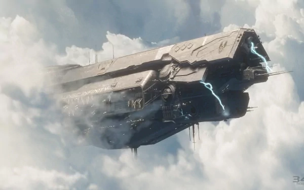 A detailed digital artwork of a ship from Halo 4, featuring dramatic clouds and electrical effects, serves as a high-definition desktop wallpaper for sci-fi enthusiasts.