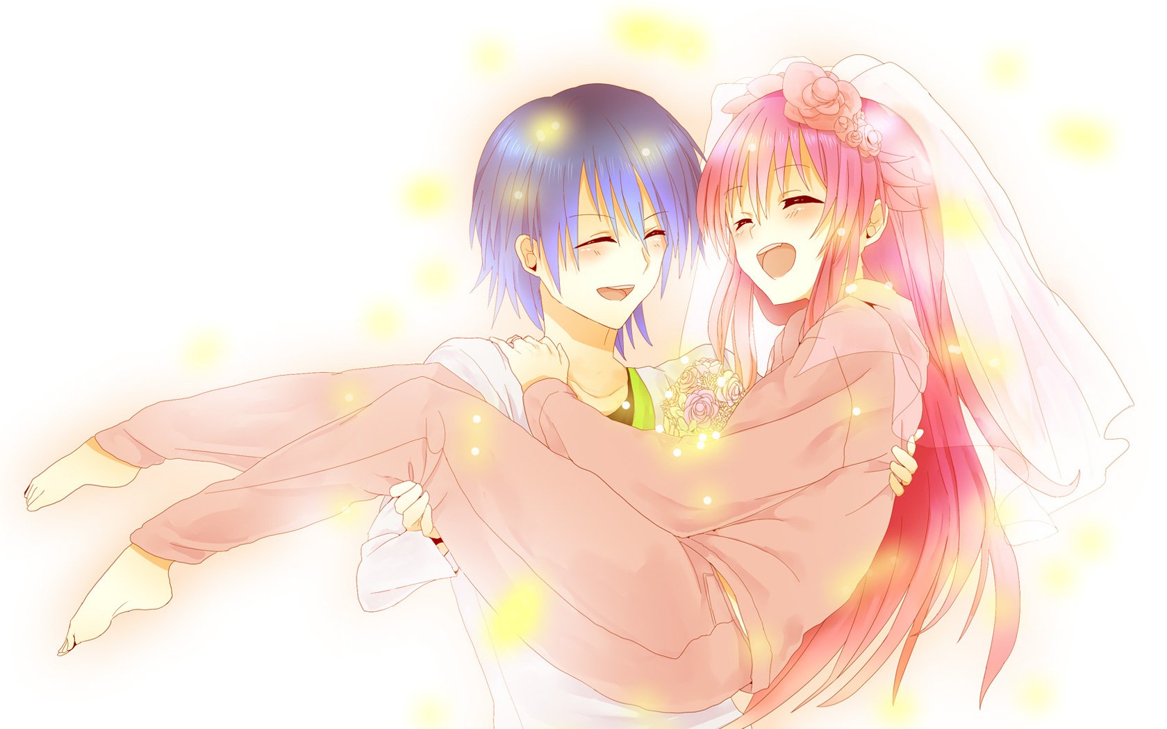 HD anime wallpaper featuring Hinata Hideki carrying Yui from Angel Beats! in a bright, glowing scene with soft colors and joyful expressions.