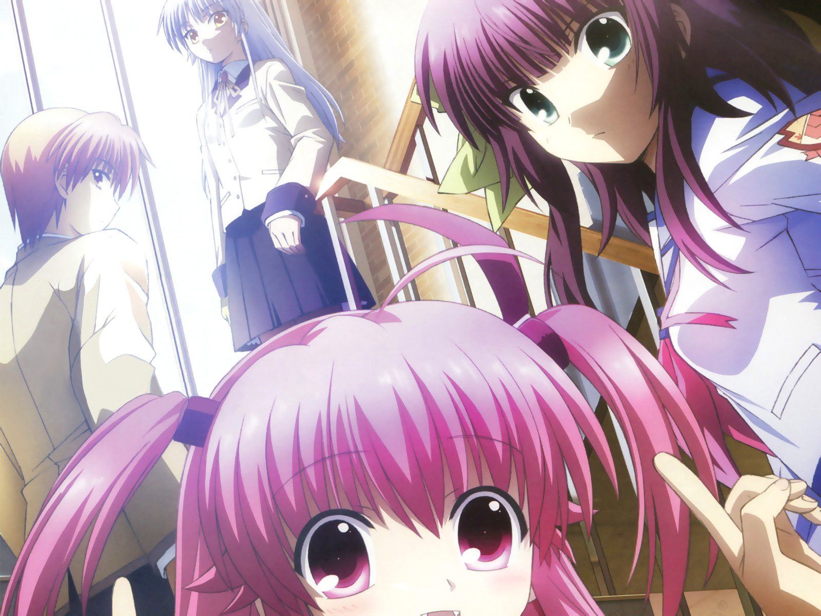 HD anime desktop wallpaper featuring Yuzuru Otonashi, Yuri Nakamura, Yui, and Kanade Tachibana from Angel Beats! in a vibrant and detailed scene.