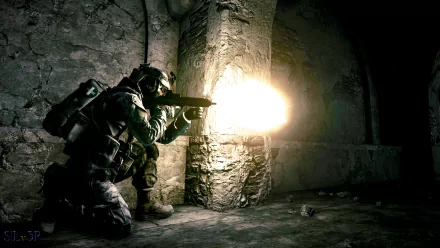 HD PC desktop wallpaper/background: Battlefield 3 video game war scene — soldier kneeling and firing a rifle inside a ruined stone building, muzzle flash lighting the dark battlefield.